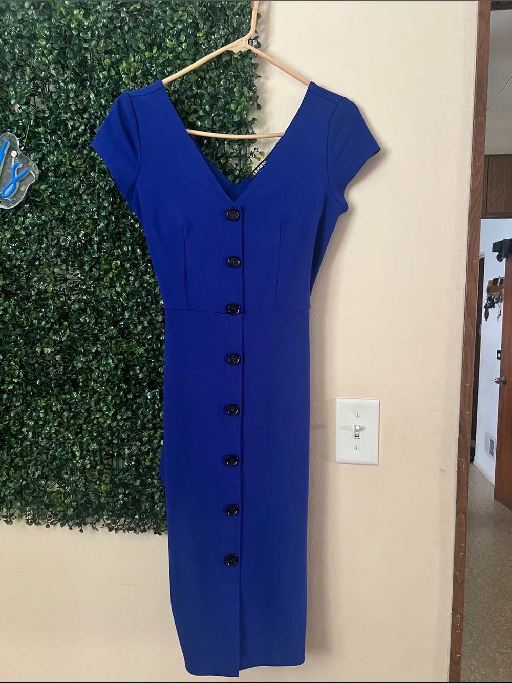 Express Cobalt Blue V-Neck Button-Front Midi Dress